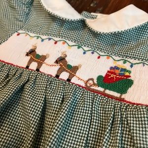 Petit Ami smocked green Christmas dress with bloomers.